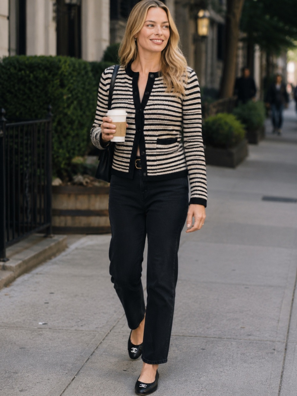 DÔEN Therese Stripe Cardigan • Size L • Noir Allaire NWT • SEEN ON MARGOT ROBBIE